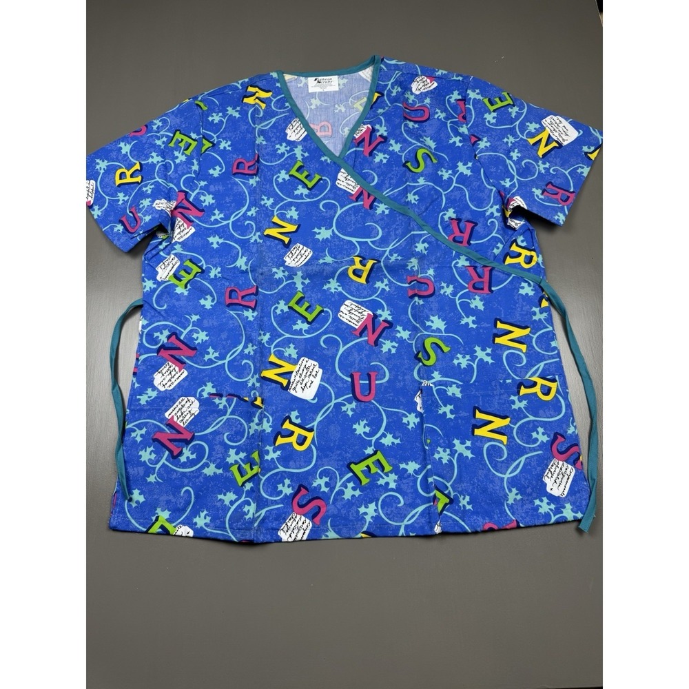 Fashion Scrubs Women's Mock Wrap Scrub Top Size XL Blue Colorful NURSE Design